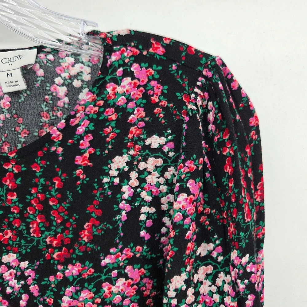 J. Crew‎ Top Medium Black Dark Floral Puff Sleeve Office Work